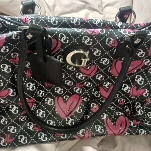 Guess | Black Monogram GG Pink Heart Canvas Double Handle Large Travel Bag